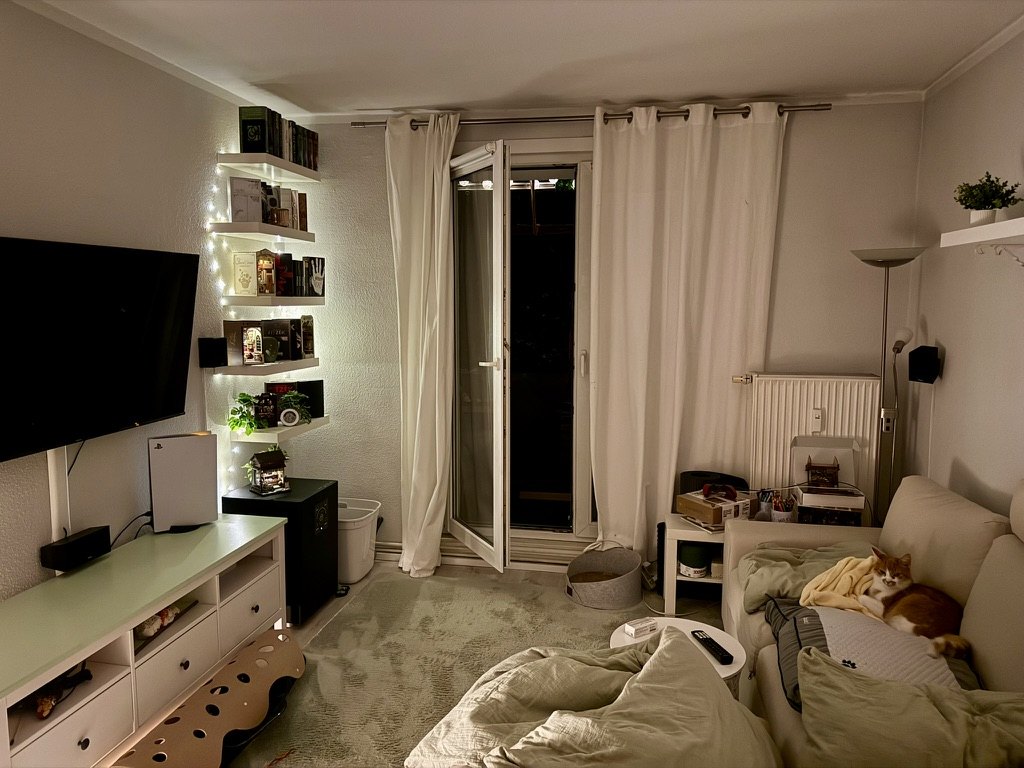 Wohnzimmer am Abend in warmem, weichem Licht, Lichterketten am Regal, eine Katze ruht auf der Couch.